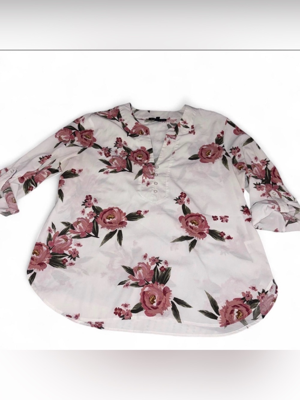 White Floral Button-Front Blouse with Pink Roses